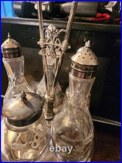 Antique Silver Plate & UV Glow Glass Serving Cruet Set Meriden Britannia Co Rare