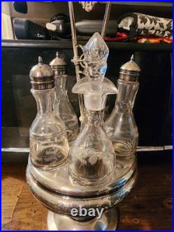 Antique Silver Plate & UV Glow Glass Serving Cruet Set Meriden Britannia Co Rare