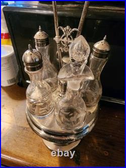 Antique Silver Plate & UV Glow Glass Serving Cruet Set Meriden Britannia Co Rare