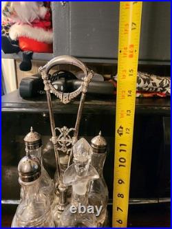 Antique Silver Plate & UV Glow Glass Serving Cruet Set Meriden Britannia Co Rare