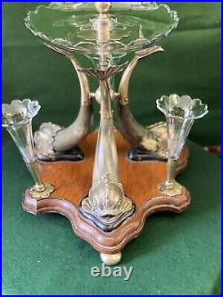 Antique Silver Plate and And Glass Epernge Center Piece With Horn Fish Base