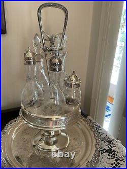 Antique Silver Plate and Glass 6 Piece Serving Cruet Set by Meriden Britannia Co