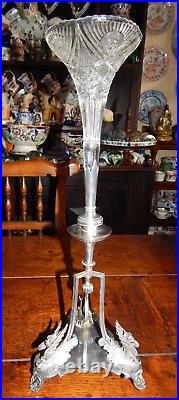 Antique Silver Plated Epergne Centre Piece With Glass Flute Mythical Beasts