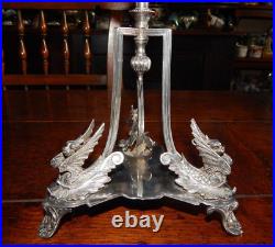 Antique Silver Plated Epergne Centre Piece With Glass Flute Mythical Beasts