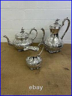 Antique Silver Plated Tea Set 3 Piece Service Superb Set Bird Finals