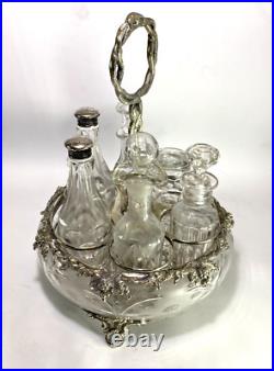 Antique Silverplate etched glass Cruet Set Ornate 6 piece condiment set