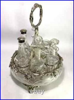 Antique Silverplate etched glass Cruet Set Ornate 6 piece condiment set