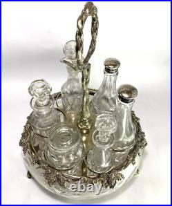 Antique Silverplate etched glass Cruet Set Ornate 6 piece condiment set