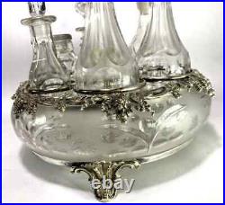 Antique Silverplate etched glass Cruet Set Ornate 6 piece condiment set