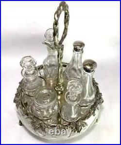 Antique Silverplate etched glass Cruet Set Ornate 6 piece condiment set