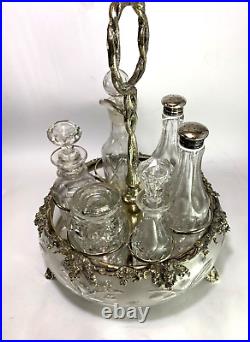 Antique Silverplate etched glass Cruet Set Ornate 6 piece condiment set