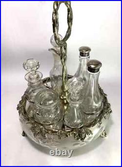 Antique Silverplate etched glass Cruet Set Ornate 6 piece condiment set