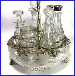 Antique Silverplate etched glass Cruet Set Ornate 6 piece condiment set