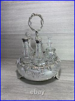 Antique Silverplate etched glass Cruet Set Ornate 6 piece condiment set