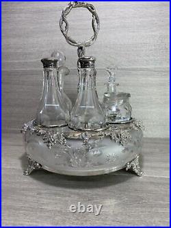 Antique Silverplate etched glass Cruet Set Ornate 6 piece condiment set