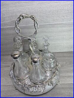 Antique Silverplate etched glass Cruet Set Ornate 6 piece condiment set