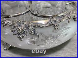 Antique Silverplate etched glass Cruet Set Ornate 6 piece condiment set