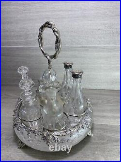 Antique Silverplate etched glass Cruet Set Ornate 6 piece condiment set