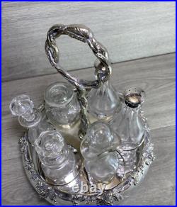 Antique Silverplate etched glass Cruet Set Ornate 6 piece condiment set