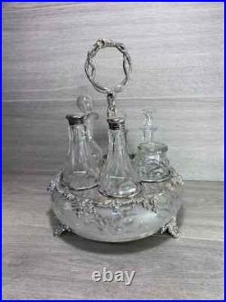 Antique Silverplate etched glass Cruet Set Ornate 6 piece condiment set