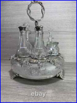 Antique Silverplate etched glass Cruet Set Ornate 6 piece condiment set