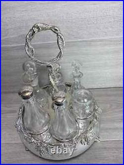 Antique Silverplate etched glass Cruet Set Ornate 6 piece condiment set