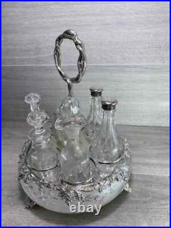 Antique Silverplate etched glass Cruet Set Ornate 6 piece condiment set