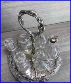Antique Silverplate etched glass Cruet Set Ornate 6 piece condiment set