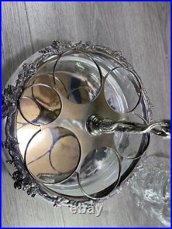 Antique Silverplate etched glass Cruet Set Ornate 6 piece condiment set