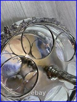 Antique Silverplate etched glass Cruet Set Ornate 6 piece condiment set