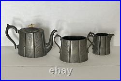 Antique Tea Set 3 Piece Pewter Silver Plate Engraved