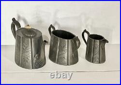 Antique Tea Set 3 Piece Pewter Silver Plate Engraved