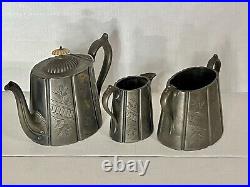 Antique Tea Set 3 Piece Pewter Silver Plate Engraved