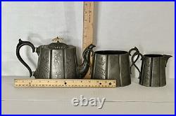 Antique Tea Set 3 Piece Pewter Silver Plate Engraved
