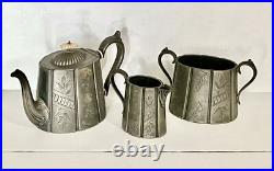 Antique Tea Set 3 Piece Pewter Silver Plate Engraved