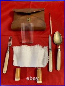 Antique Travel Leather Case 8 Piece Cutlery Set with drinking glass & Napkin