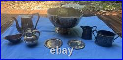 Antique VTG Silver Plate Mixed 8 Pc Lot Large Lion Head Punch Bowl Teapots More