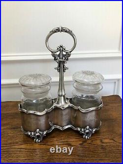 Antique Victorian Silver Plate 3 Piece Footed Pickle Jar Set 1862-77
