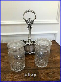 Antique Victorian Silver Plate 3 Piece Footed Pickle Jar Set 1862-77