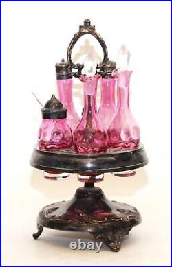Antique Victorian Silver Plate 5 Piece Cranberry Coin Spot Glass Castor Set