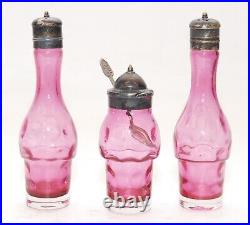 Antique Victorian Silver Plate 5 Piece Cranberry Coin Spot Glass Castor Set