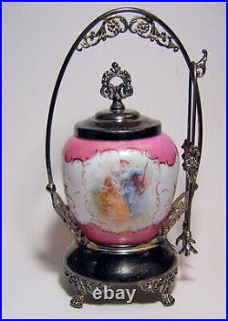 Antique Victorian Silver Plate Courting Couple Enameled Insert Pickle Castor