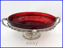 Antique Victorian Silver Plate Meriden Red Glass Figural Rams Centerpiece Bowl