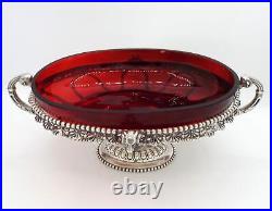 Antique Victorian Silver Plate Meriden Red Glass Figural Rams Centerpiece Bowl