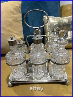 Antique Victorian cut glass and silver plate 6 Piece condiment cruet set