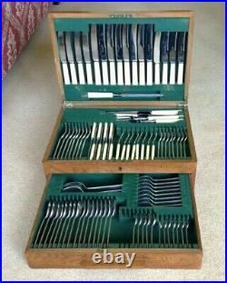Art Deco Oak Canteen Cutlery 91 Pieces Faux Bone Handles Silver Plate Stainless