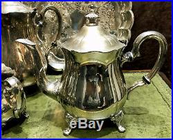 Beautiful Vintage Silver Plated 5-Piece Coffee Tea Set With Serving Tray
