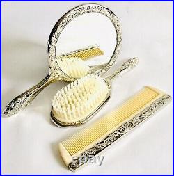 Boxed Vintage 1960s Heavy 3 Piece Silver Plated Brush, Mirror & Comb Vanity Set