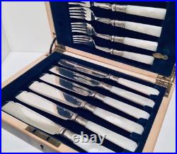 Cased 12 Piece Mother of Pearl Silver Plate Fish Knife & Fork Cutlery Set