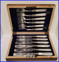 Cased 12 Piece Mother of Pearl Silver Plate Fish Knife & Fork Cutlery Set